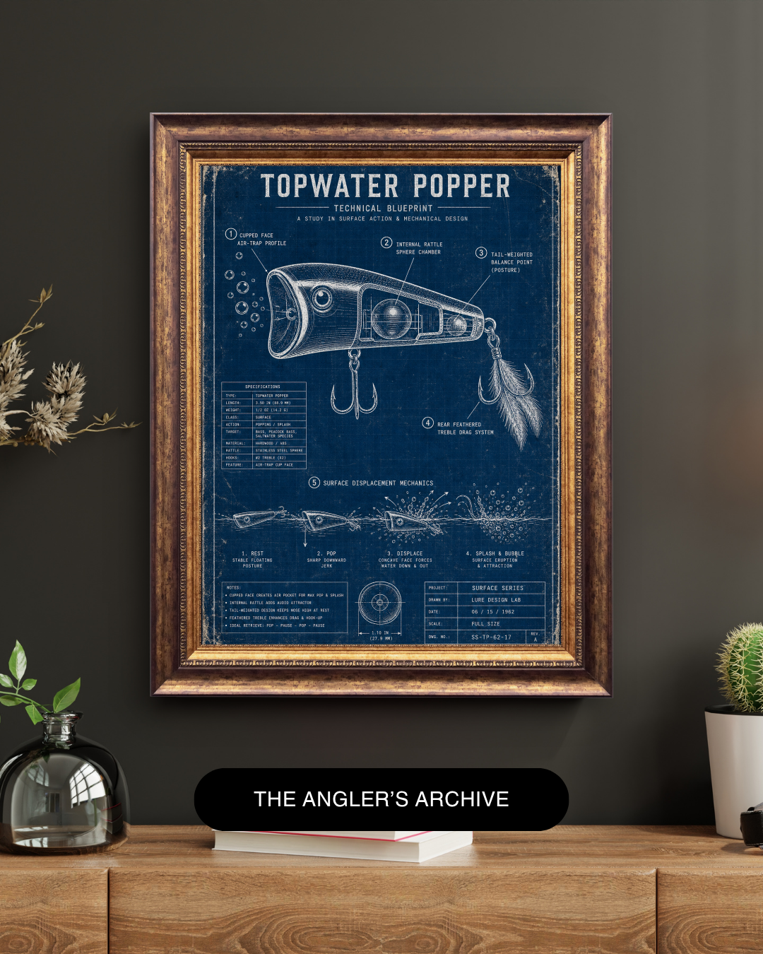 Topwater Popper Blueprint Art Print | Lure Mechanics Collection