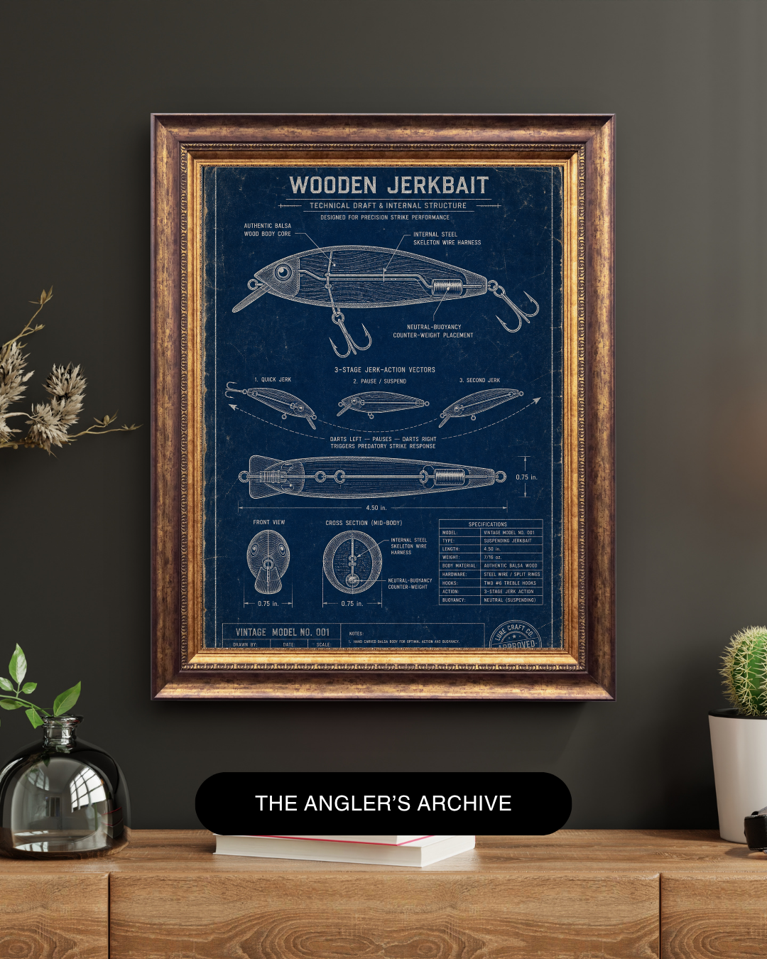 Wooden Jerkbait Blueprint Art Print | Lure Mechanics Collection