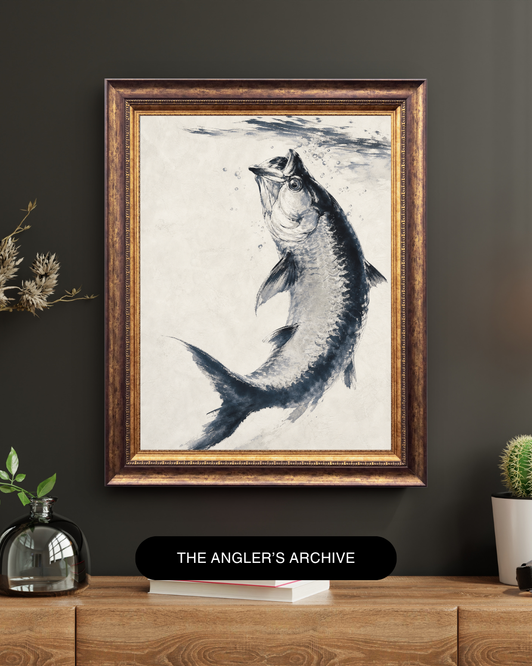 Sumi-e Tarpon Art Print — Modern Minimalist Saltwater Poster (Silver Rise Edition)